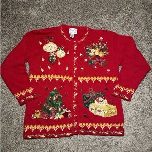 Vintage Christmas Hand Knit Holiday Sweater Ornaments Presents Cardigan Large